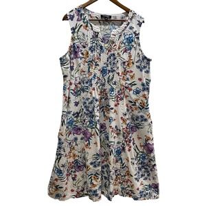 Chadwicks Floral Pintuck Sleeveless Dress Women 2X Linen Blend Boho Cottagecore